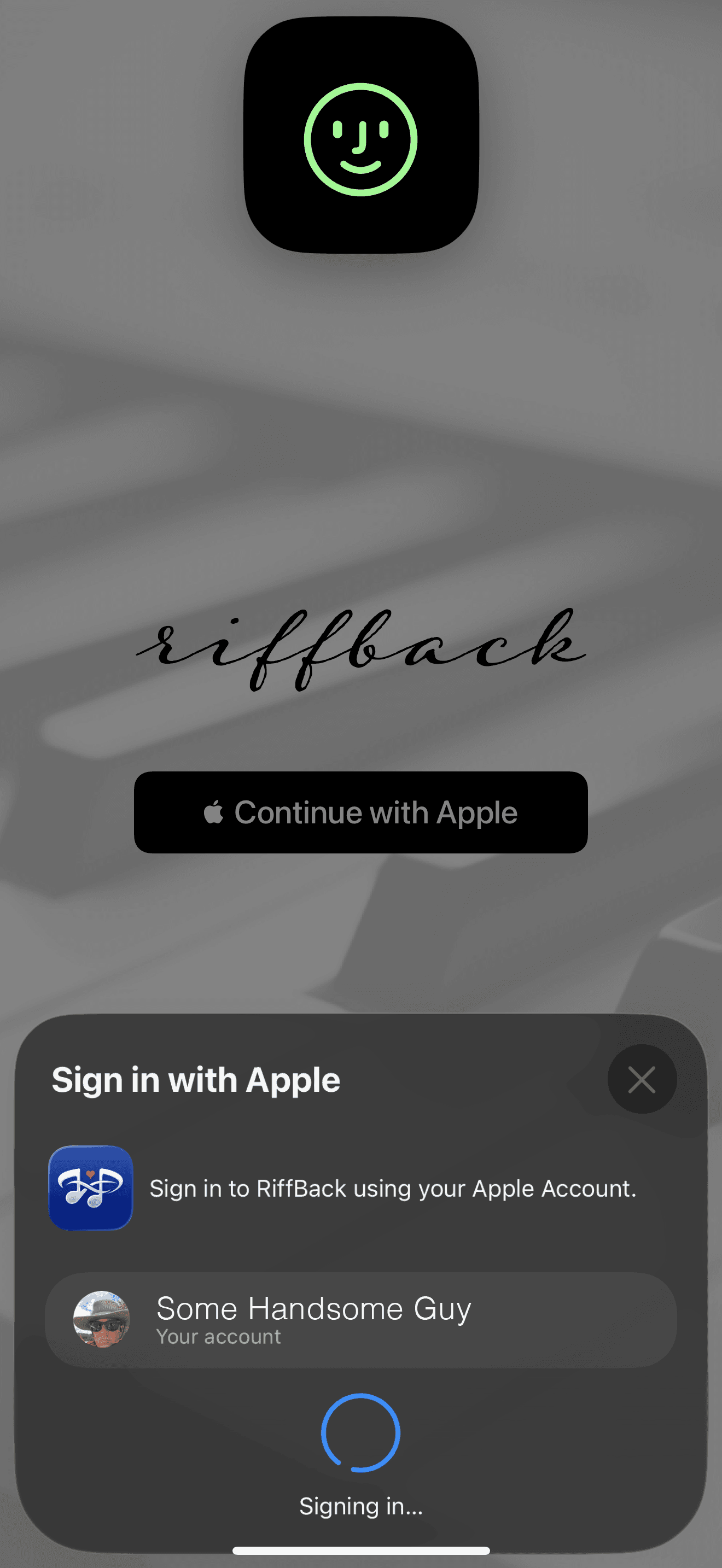 Apple sign-in panel for RiffBack showing an example account, Face ID confirmation, and Signing in.