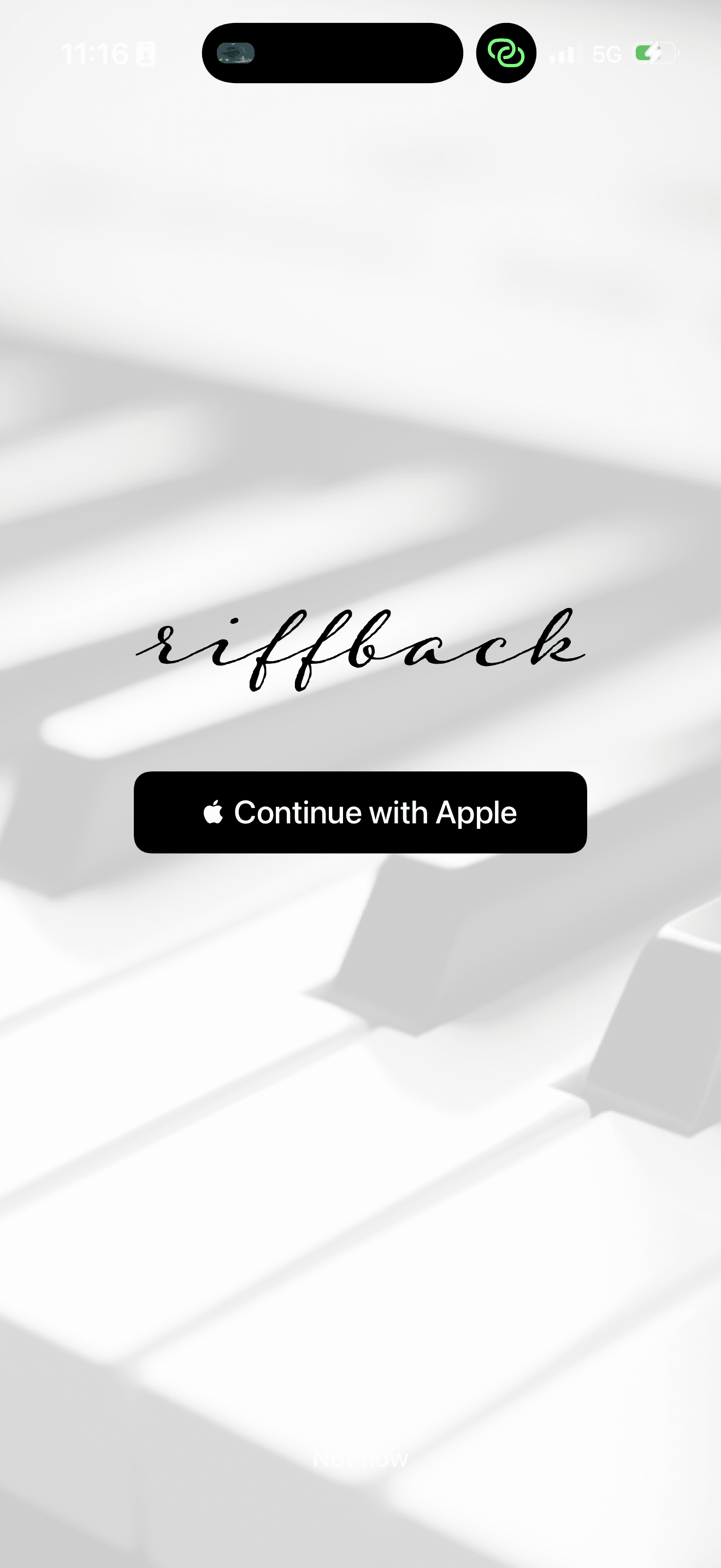 RiffBack sign-in screen with the black Continue with Apple button in the middle.