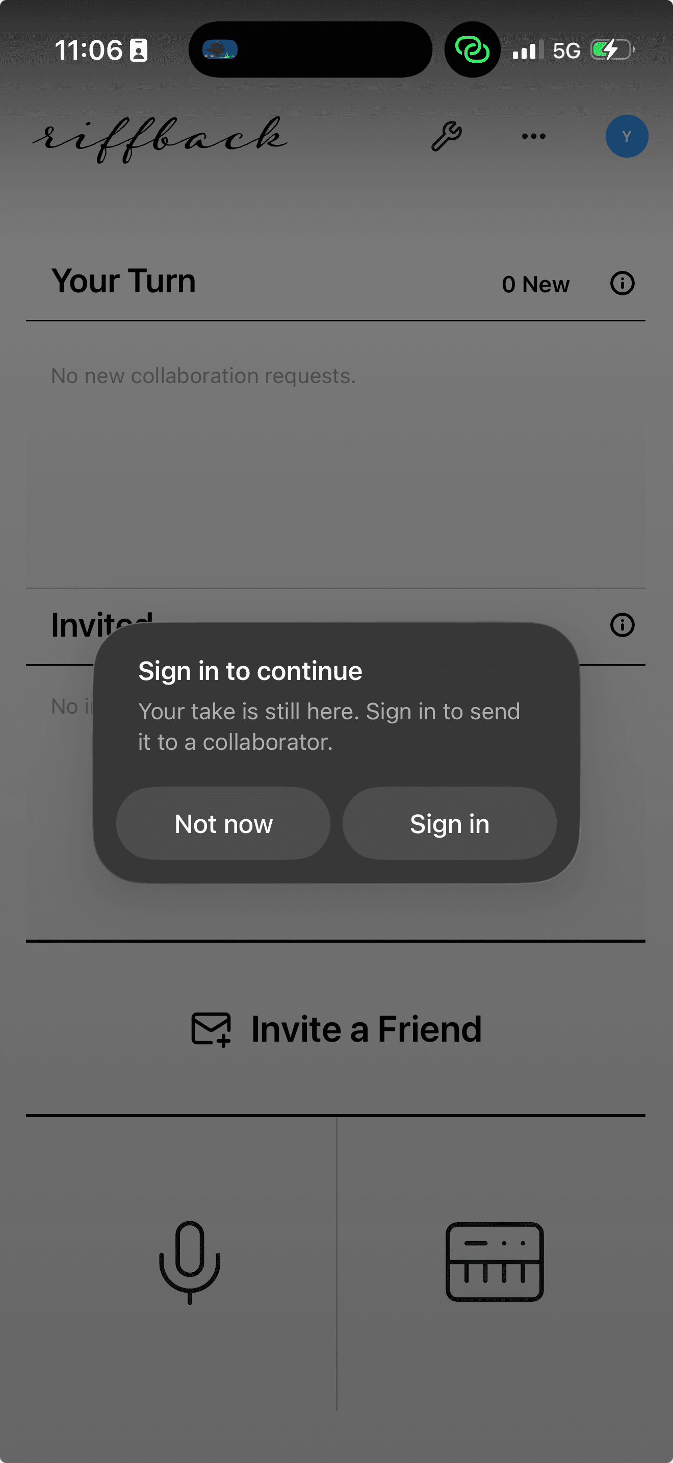 RiffBack message saying Your take is still here, with Not now on the left and Sign in on the right.