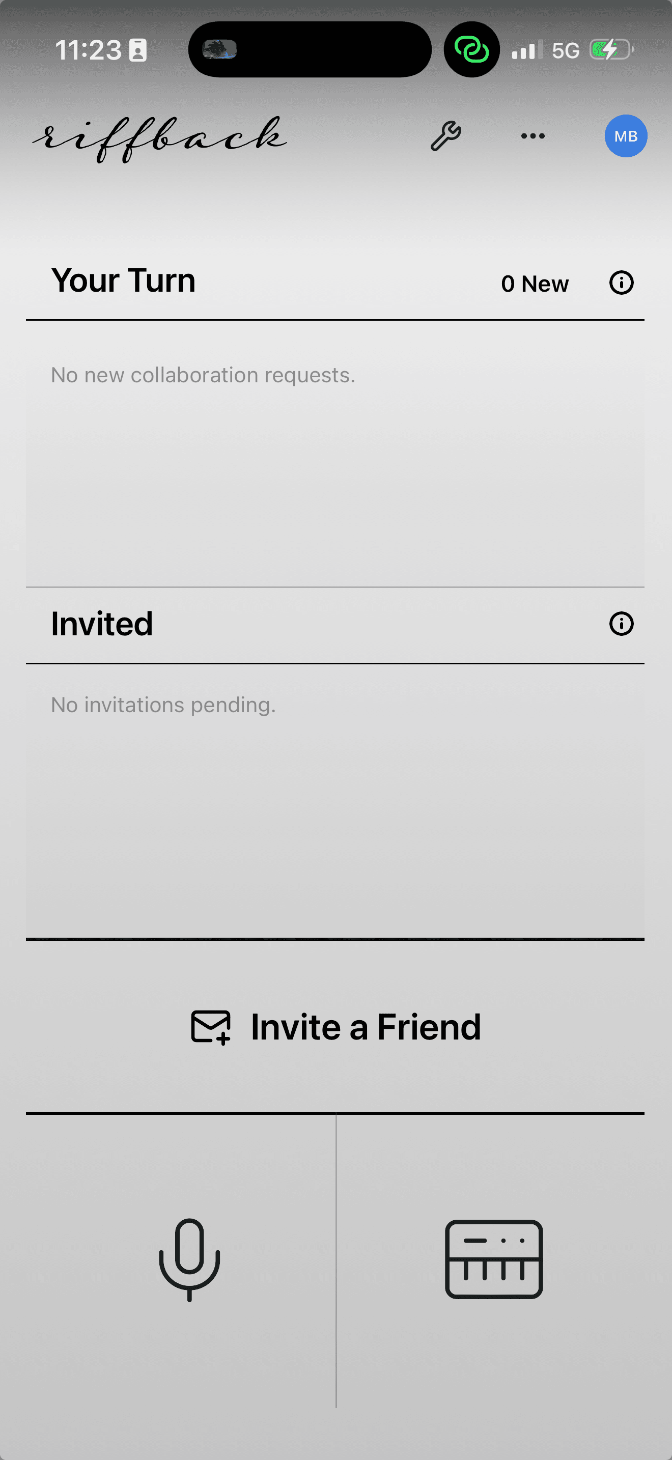 RiffBack home screen after signing in, with MB in the account circle at the top right and Invite a Friend below.
